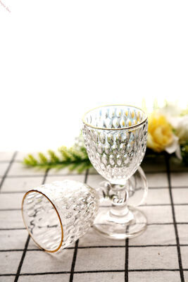 6Pcs Gold Rim Goblets Diamond Pattern Cups , Luxury Drinking Glass Goblet