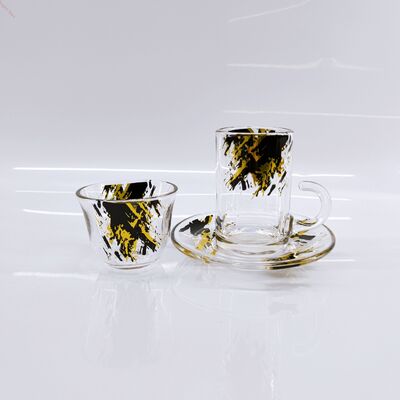 comprar Juego de 18 tazas de vidrio con pinceladas negras y doradas – 6 tazas de té, 6 tazas de café y 6 platillos, vajilla decorativa para té y café Fabricación en línea