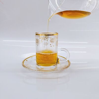 ซื้อ 12 ชิ้น Premium Glass Cup & Saucer Set พร้อมงานเพลิงเพลิงทองประดับและการออกแบบดาว การผลิตออนไลน์