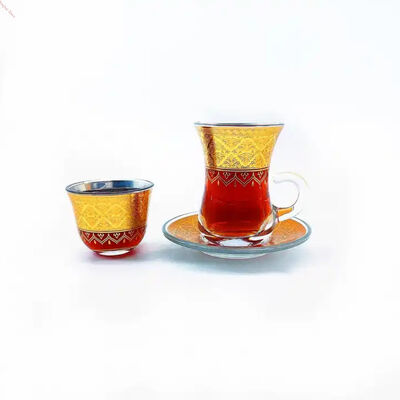 kaufen 18-teiliges türkisches Teeset, dekoratives Glas-Kaffee-Set mit goldenem Muster, 6 Teetassen, 6 Untertassen, 6 arabische Kaffeetassen für Eid, Heimgebrauch & Geschenke Online-Herstellung