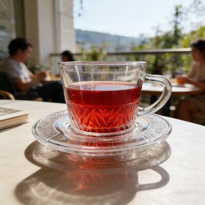 কেনা রেস্তোরাঁ, হোটেল এবং ক্যাফেতে চা পরিবেশনের জন্য আদর্শ, স্বচ্ছ আলংকারিক কাঁচের চা সেট, প্যাকেজে ৬টি কাঁচের কাপ এবং ৬টি সসার অন্তর্ভুক্ত অনলাইনে উৎপাদন