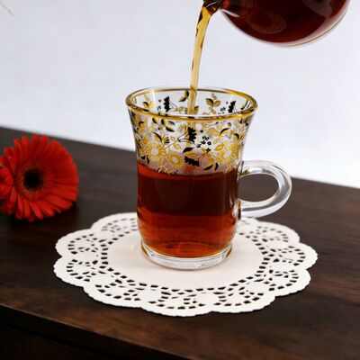 Αγορά Σετ 6 γυάλινων φλιτζανιών τσαγιού, ανθεκτικά στη θερμότητα έως 100°C, φιλικά προς το περιβάλλον, αληθινά κομψά και λειτουργικά για επαγγελματική σερβιρίσματος τσαγιού με δίχρωμο floral σχέδιο διαδικτυακή κατασκευή