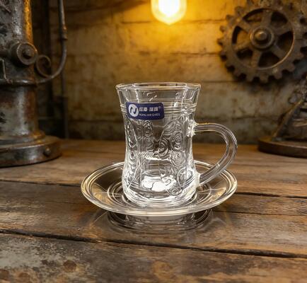 Buy Rough Glass 6 Tea Cups/6 Saucers For Home & Café 83ML Capacity With Handle Designs online manufacture