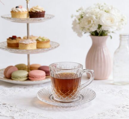 Beli 12 PCS Set Gelas Kaca Termasuk 6 Gelas Teh Kaca Bening 145ML dan 6 Tatakan Gelas Kaca Ideal untuk Hotel Restoran dan Layanan Katering pembuatan online