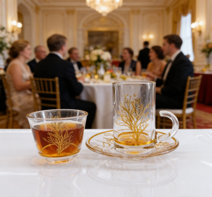 কেনা ৬টি চা কাপ, ৬টি কাওয়া কাপ এবং ৬টি সসার সোনালী গাছ খোদাই করা কাঁচের সেট চা ও কফির জন্য আদর্শ অনলাইনে উৎপাদন