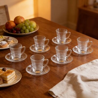 comprar Conjunto de 12 peças de copos de chá de vidro, 6 peças de copos turcos, 6 peças de pires, capacidade de 110 ml, perfeito para servir chá em hotéis, cafés e restaurantes Fabricação em linha