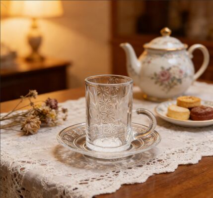 comprare 12 Pezzi Tazze e Piattini in Vetro Trasparente da 90 ml per Servizio da Tè Pomeridiano fabbricazione online
