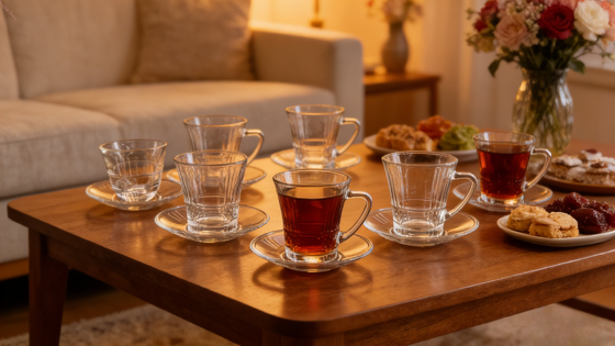 satın al Maksimum çapı 68mm 12pcs Cam Kupa Setleri 6pcs Türk Kupaları 6pcs Tabak Kapasitesi 110 Ml Her Kupa Ticari için İdeal Dayanıklı Ve Şık Çevrimiçi üretim