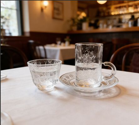 কেনা সম্পূর্ণ ১৮ পিস কাঁচের কাপ এবং সসার সেট সীসা-মুক্ত ক্লাসিক স্টাইলের কফি কাঁচের কাপ অনলাইনে উৎপাদন