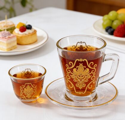 acheter Ensembles de tasses en verre comprenant 12 verres à thé 12 soucoupes et 12 tasses à café avec conception de bordure en or Fabriqué à partir de verre sans plomb fabrication en ligne