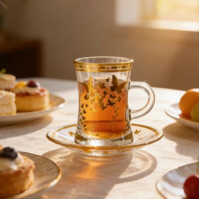 comprar Conjunto de tazas de vidrio de 12 piezas Tazas y platillos de cristal libres de plomo con un delicado motivo de mariposa dorada para el servicio de té fino y comercial Fabricación en línea