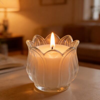 خرید 6 تکه خانه شیشه ای شمعدان لوتوس ، شیشۀ سیلندری شمعدان های Votive تولید آنلاین