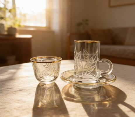 شراء 18PCS مجموعة كؤوس الشاي الزجاجية الفاخرة 120 غرام 6 أكواب زجاجية 6 صحون 6 أكواب كاوه مع قطع يدوي تصنيع عبر الإنترنت