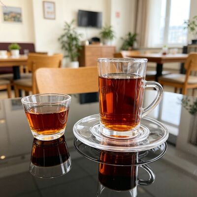 comprar Conjuntos de Copos de Vidro com 18 Peças: 6 Copos Turcos, 6 Pires e 6 Copos Cawa. Ideal para Restaurantes, Durável, Elegante e Prático Fabricação em linha