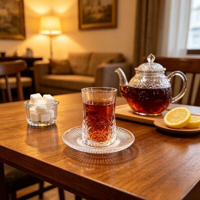 kupować Eleganckie szklane zestawy filiżanek bez uchwytu, 6 sztuk tureckich filiżanek, 6 sztuk spodków, wysokość 86 mm, stylowe i trwałe, idealne do restauracji, kawiarni i hoteli produkcja online