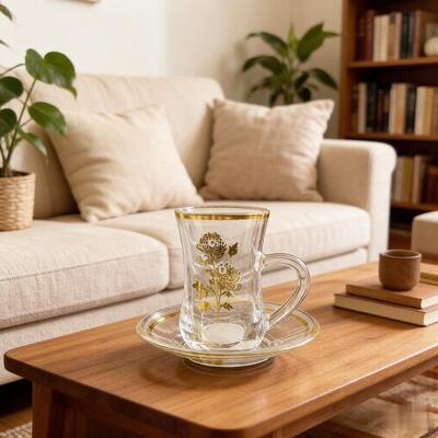 Buy Top Mouth Diameter 54MM Clear Glass Tea Cup Set 6pcs Turkish Cups 6pcs Saucers Featuring Artistic Decal And Pearl Decoration Ideal For Tea Presentation online manufacture