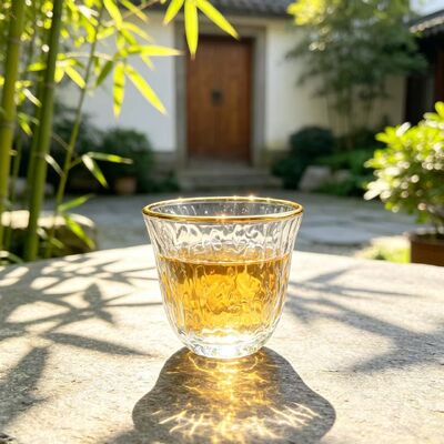 kaufen Delikate Vintage-Hammerglas-Cawa-Tasse mit goldenem Rand Klarer bleifreierter Glasteetasse für Getränke Online-Herstellung