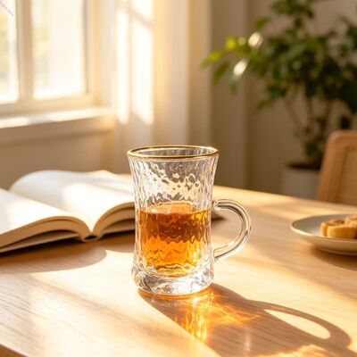 Buy Wholesale 6PCS Gold Rim Texture Glass Tea Cup Set Clear Handled Glass Cup Coffee Tea Brings Stable and Comfortable Grip for Daily Use online manufacture