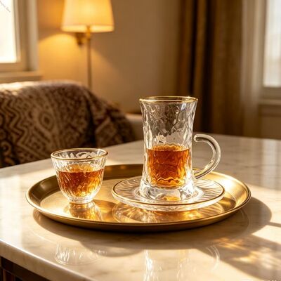 comprar Elegantes 18 PCS Glass Tea Cups Sets Traditional Arabic Coffee Cup and Saucer com Trim de Ouro para o Ramadã e Presenteamento Fabricação em linha