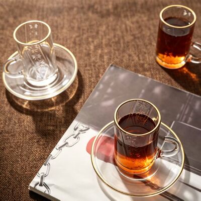 Buy Luxury Gold Rim Embossed Glass Coffee Cups&Cawa Cups &Saucers, Transparent Arabic Tea Glassware Can be Used for Cold and Hot Drinks online manufacture