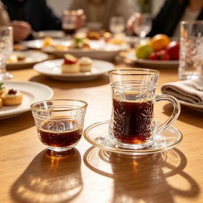 Buy 36PCS Embossed Gold Rim Glass Tea Cup Set Handle Glass Coffee Cup Cawa Cup with Saucer Factory Wholesale Arabic Tea Glassware online manufacture