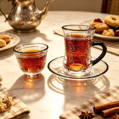Buy Premium 36PCS Embossed Black Rims Glass Tea Cup Set Hand-painted Black Handle Glass Coffee Cup Cawa Cup with Saucer online manufacture