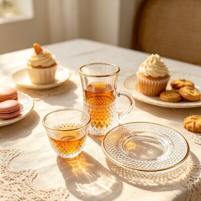 شراء مصنع بيع بالجملة القابلة للتخصيص الحافة الذهبية الزجاجية المطلية كأس الشاي مجموعة 18PCS كأس الشاي الزجاجي كأس كاوة مع الصحن تصنيع عبر الإنترنت