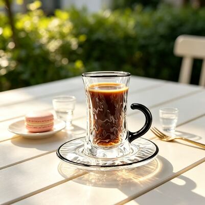Купить 12PCS Элегантная волнистая текстурированная стеклянная чашка для кофе и тарелка набор чернокрасочный ручка стеклянные изделия для повседневного использования в домашних и наружных помещениях Производство в сети