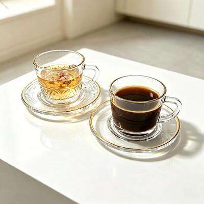 comprar Conjunto de 6 xícaras de café e chá de vidro transparente com aro dourado - Copo de cristal sem chumbo com pires para chá da tarde e café em casa Fabricação em linha