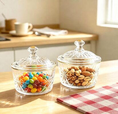 comprar Dulcero de vidrio de alta calidad, frasco de vidrio transparente para dulces con tapa, recipiente decorativo de almacenamiento de vidrio con borde dorado para frutos secos, dulces y frutas secas Fabricación en línea